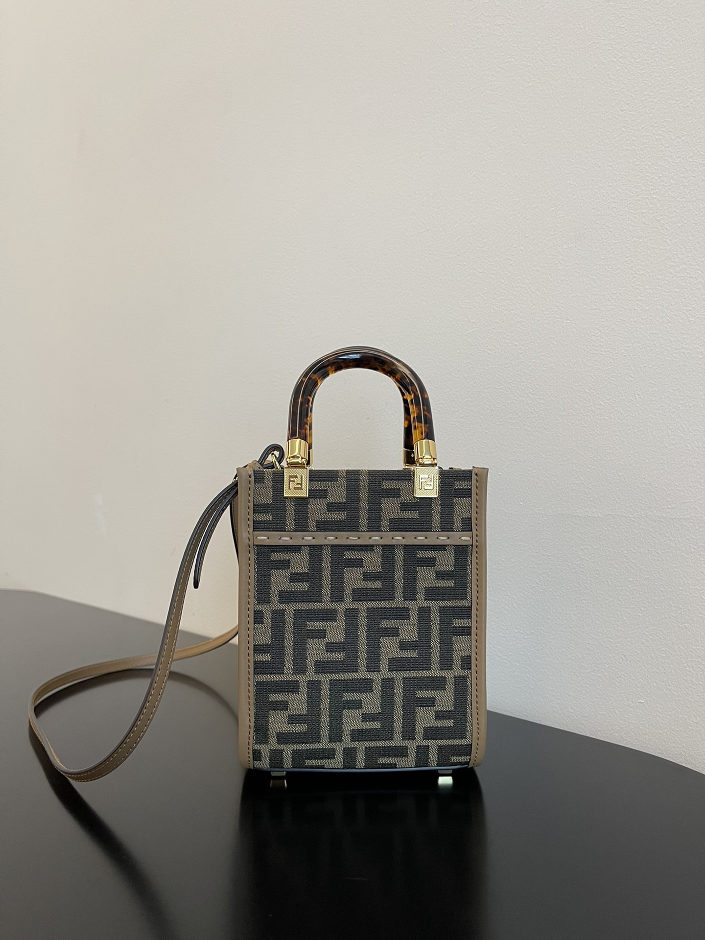 Fendi Mini Sunshine Shopper Brown FF Jacquard Fabric Bag